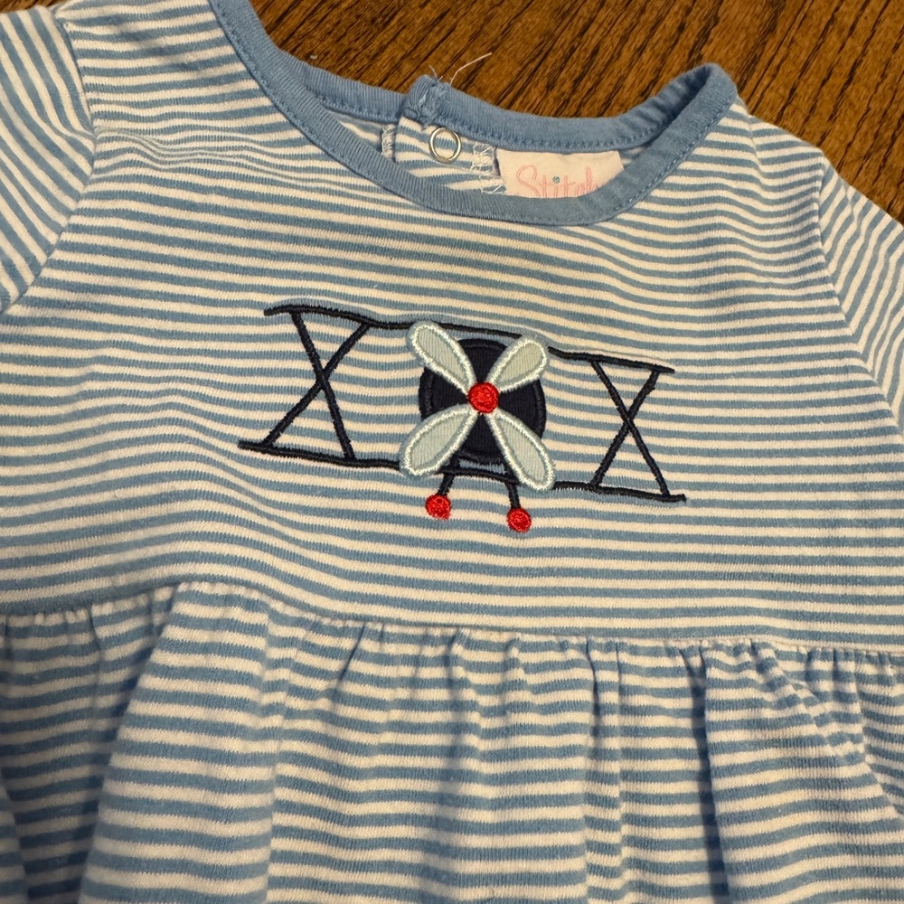 Stitchy Fish 6M Blue Striped Airplane Baby Romper - Picture 3 of 9